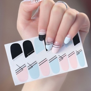 Pink Black Blue Stripes Nail Wraps / Silver Glitter Nail Polish Strips / Spring Summer Pastel Nail Stickers / Geometric Women Nail Wraps
