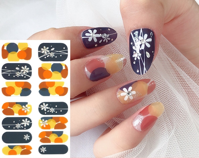 White Flower Blossom Nail Wraps / Navy Yellow Orange Floral Nail Polish Strips / Overlay 3D Nail Stickers / Abstract Spring Summer Boho Nail