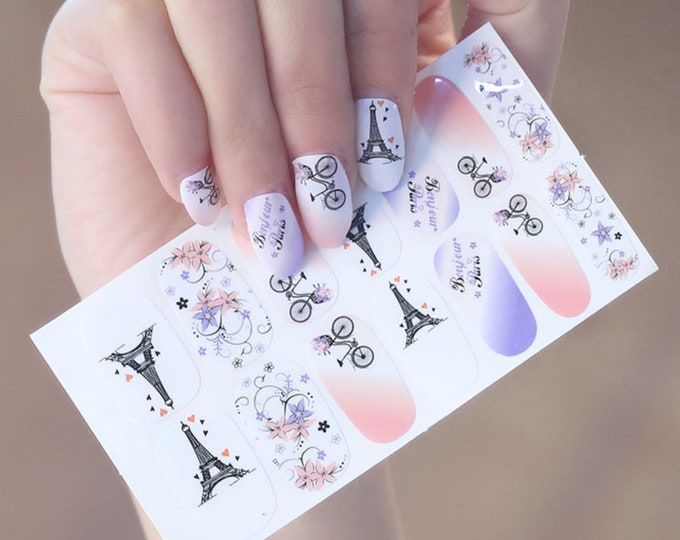 Spring Paris Nail Wraps / Pastel Ombre Pink Floral Nail Polish Strips Women / Europe Eiffel Tower Nail Stickers / Flower Manicure Nail Wraps