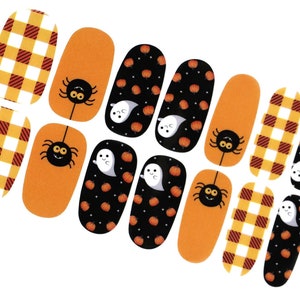 May include: Set of 10 Halloween-themed nail wraps featuring orange, black, and white designs. The designs include gingham, spiders, ghosts, and pumpkins.
