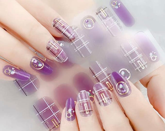 Purple Plaid Nail Wraps / Lilac Gold Overlay Check Nail Polish Strips / 3D Daisy Flower Nail Stickers / Winter Autumn Fall Women Nail Wraps