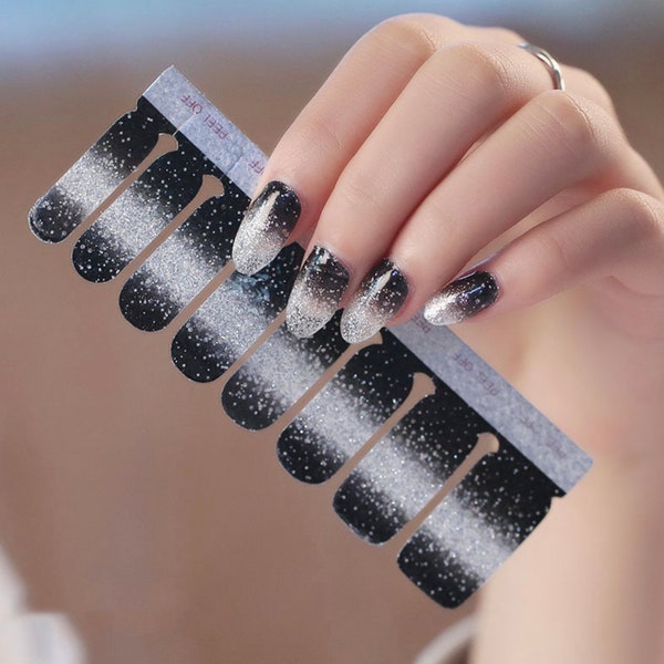 Black Silver Glitter Nail Wraps / Sparkle Ombre Nail Strips / Sequin Nail Polish Stickers / Dark Star Galaxy Nail Wraps Free Shipping in US