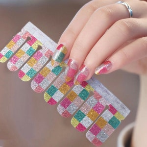 Pink Green Glitter Nail Wraps / Sparkle Ombre Check Nail Strips / Sequin Plaid Nail Polish Stickers / Spring Cute Nail Wraps Free Shipping