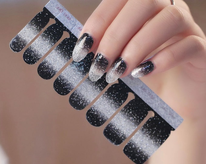 Black Silver Glitter Nail Wraps / Sparkle Ombre Nail Strips / Sequin Nail Polish Stickers / Dark Star Galaxy Nail Wraps Free Shipping in US