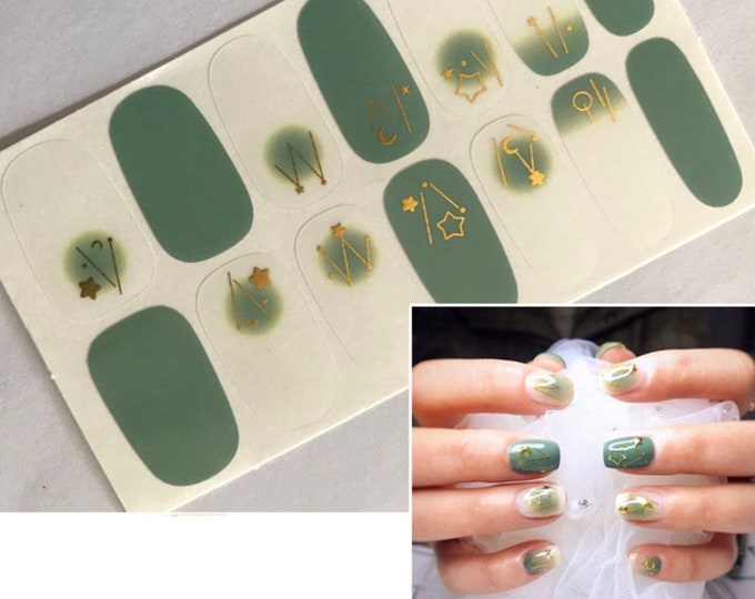 Green Nail Wraps / Zodiac Nail Polish Strips / Starburst Nail Stickers / Gold Star Nail Wraps / St Patricks Day Ombre Emerald Nail Wraps