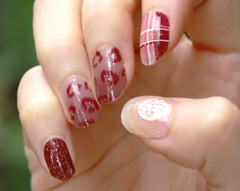 Burgundy Cheetah Print Nail Wraps, 3D Glitter Accents