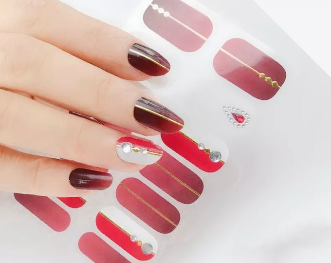 Burgundy Red Nail Wraps / White Geometric 3D Gem Nail Polish Strips / Gold Stripe Nail Stickers / Ombre Modern Nail Wraps Free Shipping