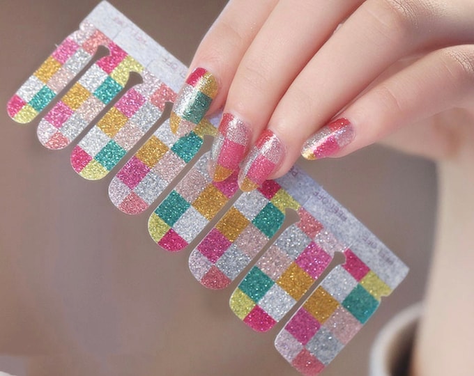 Pink Green Glitter Nail Wraps / Sparkle Ombre Check Nail Strips / Sequin Plaid Nail Polish Stickers / Spring Cute Nail Wraps Free Shipping