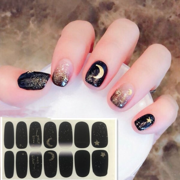 Dark Sky Stars and Moon Nail Wraps / Bandes de vernis à ongles Black Ombre / Autocollants d’ongles à paillettes dorées / Star Overlay Zodiac Manucure Nail Wraps