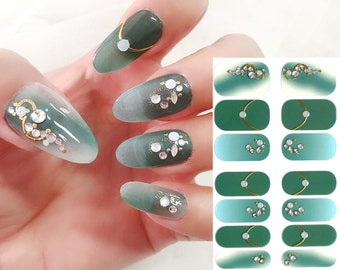 Spring Green Overlay Nail Wraps / 3D Rhinestone Ombre Emerald Nail Strips / Pastel Moon Gold Stripe Nail Stickers / St Patricks Day Design