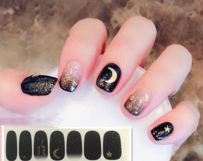 Dark Sky Stars and Moon Nail Wraps / Black Ombre Nail Polish Strips / Gold Glitter Nail Stickers / Star Overlay Zodiac Manicure Nail Wraps