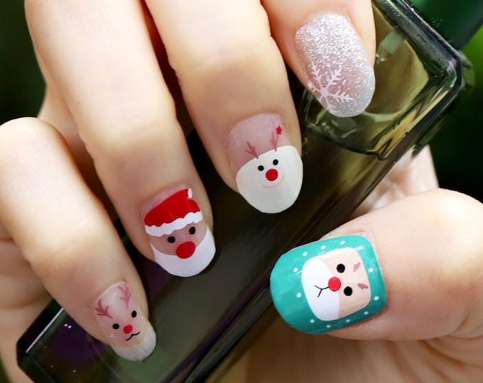 Christmas Nail Wraps / Cute Santa Snowman Deer Cartoon Nail Polish Strips / Holiday Winter Nail Stickers / Kawaii Silver Snowflake Nail Wrap
