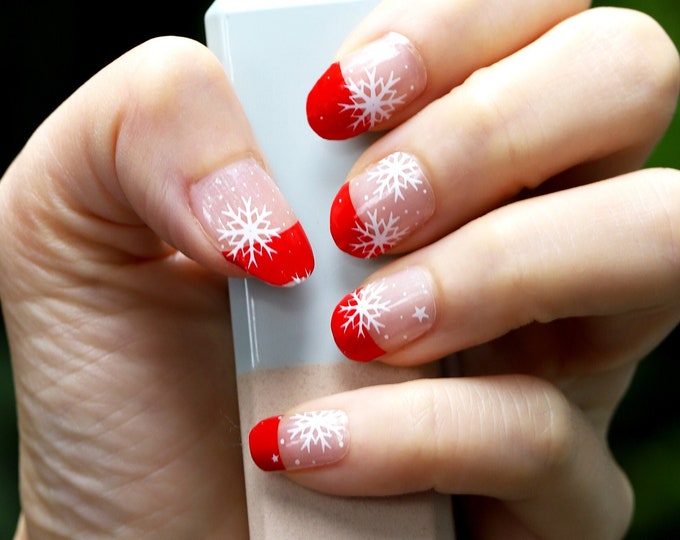 Snowflake Overlay Nail Stickers / Christmas Nail Wraps / Holiday Winter Nail Polish Strips / Cute White Red Transparent New Years Nail Wraps