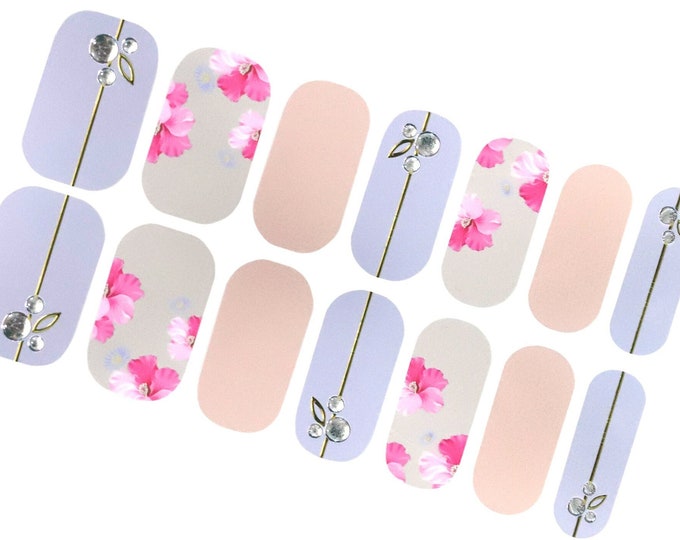 Pastel Lilac Pink Nail Wraps / Lace Overlay Flower Floral Nail Polish Strips / 3D Gold Stripe Nail Stickers / Transparent Spring Nail Wraps