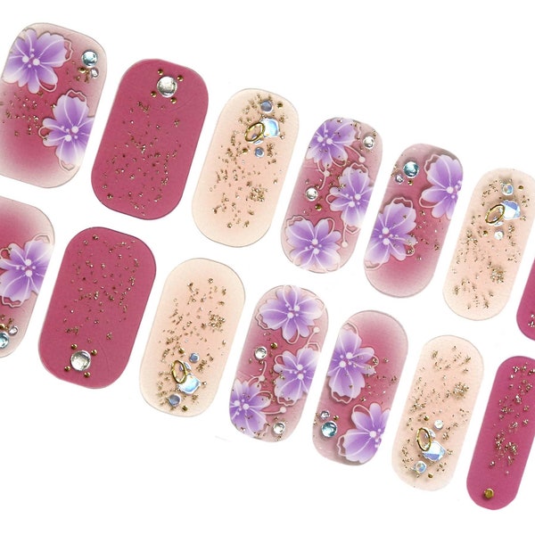 Spring Flower Purple Nail Wraps / Pastel Floral Nail Polish Strips / Women Lilac Ombre Overlay 3D Nail Stickers / Pink Gold Glitter Nails