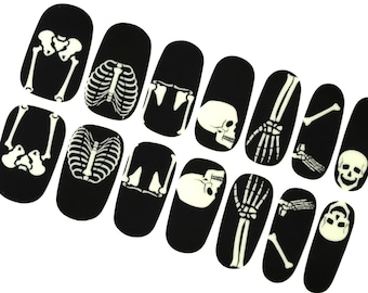 Glow in the Dark Halloween Nail Wraps, Black Skeleton Skull Nail Stickers