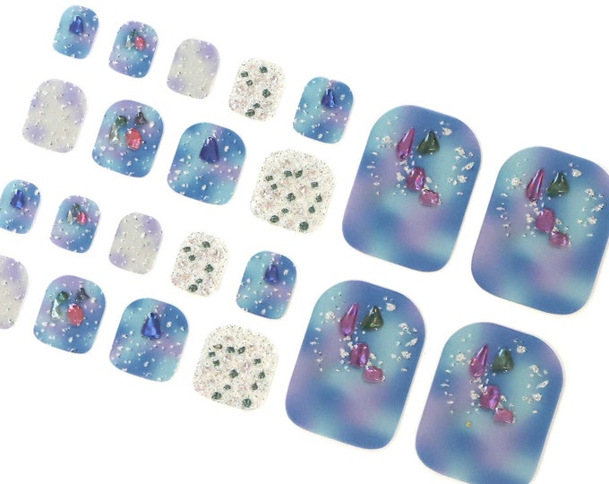 Ocean Blue Wavy Toe Nail Wraps / 3D Glitter Toe Nail Polish Strips / Beach Ombre Toe Nail Stickers / Abstract Marble Nail Wraps for Toes