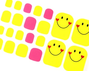 Yellow Cute Nail Wraps for Toes/ Smiley Face Kawaii Nail Polish Strips / Pink Kids Toe Nail Stickers / Cartoon Pedicure Women Nail Wraps