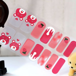 Cute Pink Bear Nail Wraps / Strawberry Hearts Nail Polish Strips / Kids Cartoon Kawaii Nail Stickers / Transparent Anime Summer Nail Wraps