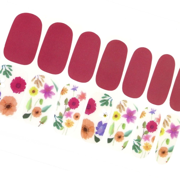 Spring Flower Blossom Nail Wraps / Romantic Red Colorful Floral Nail Polish Strips / Daisy Overlay Nail Stickers / Garden Cherry Nail Wraps