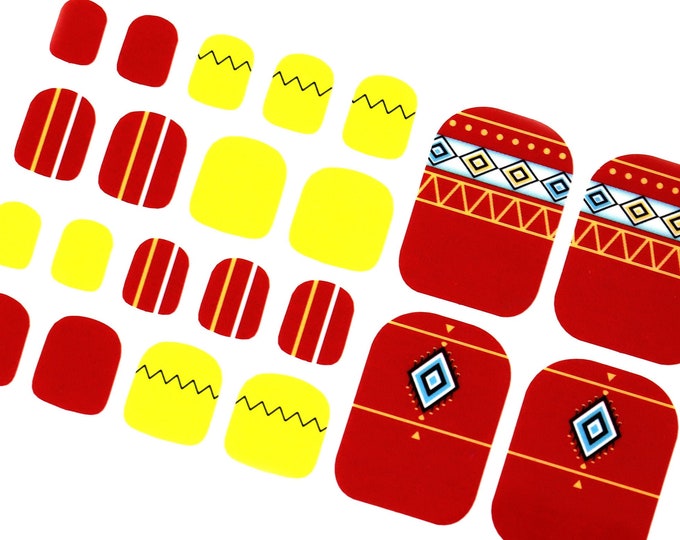 Colorful Aztec Toe Nail Wraps / Burgundy Red & Yellow Toe Nail Polish Strips / Cute Toe Nail Stickers / Pedicure Women Nail Wraps