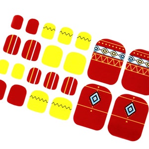 Colorful Aztec Toe Nail Wraps / Burgundy Red & Yellow Toe Nail Polish Strips / Cute Toe Nail Stickers / Pedicure Women Nail Wraps