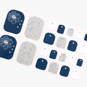 Navy Blue Flower Toe Nail Wraps / Floral Silver Glitter 3D Toe Nail Polish Strips / Beach Summer Nail Stickers for Toe / Pedicure Nail Wraps