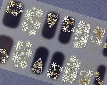 Christmas Nail Wraps / Holiday Winter Nail Polish Strips / Snowflake Deer Overlay Nail Stickers / Black New Years Nail Wraps Free Shipping