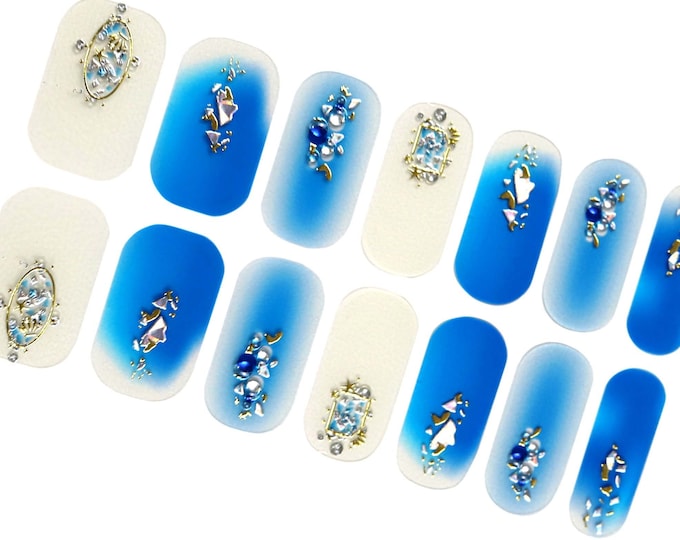 Transparent Blue Ombre Nail Wraps / Overlay 3D Gold Star Nail Polish Strips / Summer Beach Ocean Nail Stickers / Cute Nail Wraps for Women