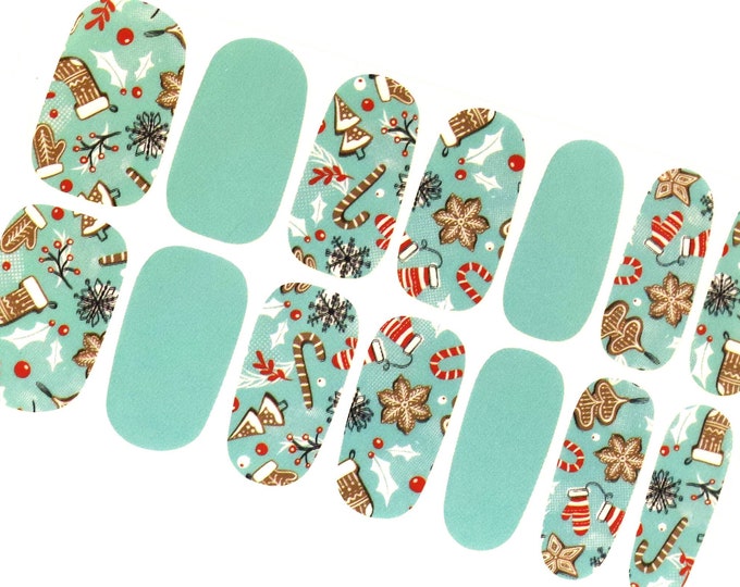 Christmas Nail Wraps / Cute Mint Green Red Nail Polish Strips / Holiday Winter Snowflake Nail Stickers / Candy Cane Mistletoe Sweater Nails