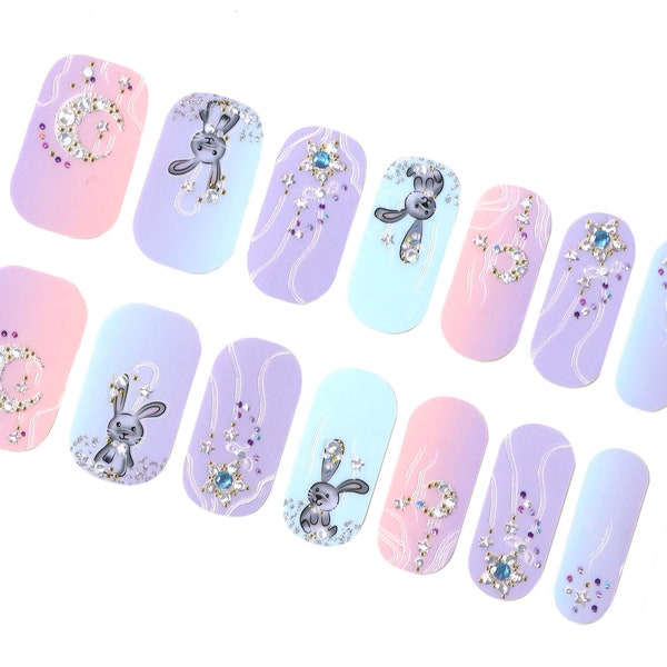 Pastel Lilac Easter Nail Wraps / Rabbit Bunny Nail Polish Strips Women / Unicorn Pink Blue Girl Nail Sticker / Cute Moon 3D Spring Nail Wrap