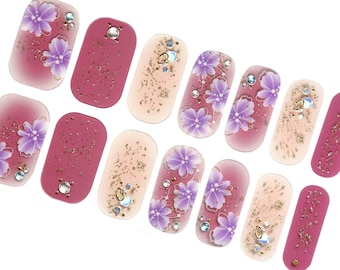 Spring Flower Purple Nail Wraps / Pastel Floral Nail Polish Strips / Women Lilac Ombre Overlay 3D Nail Stickers / Pink Gold Glitter Nails