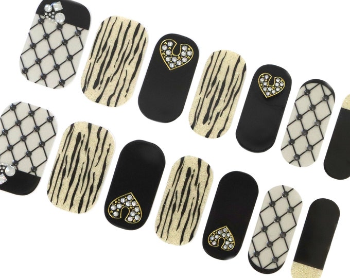 Black Nail Wraps / Dark Lace Overlay Nail Polish Strips / Hearts Gold Glitter 3D Crystal Nail Stickers / Fishnet Punk Gothic Nail Wraps