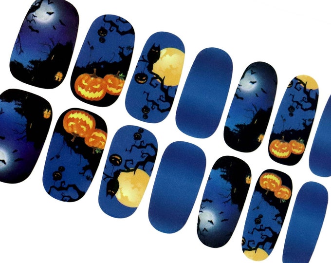 Halloween Nail Wraps / Cartoon Pumpkin Nail Polish Strips / Dark Night Nail Wraps / Navy Blue Autumn Kids Nail Stickers / Fall Nail Wraps