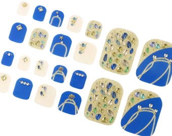 Gold Glitter Crystal Nail Wraps for Toes / Blue & Gold Toe Nail Polish Strips for Toes / Pedicure 3D Summer Beach Ocean Toe Nail Stickers