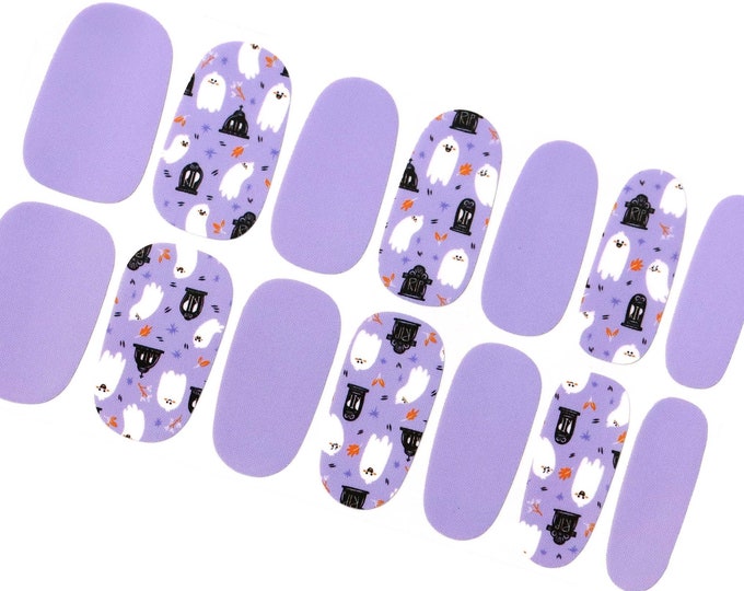 Cute Purple Halloween Nail Wraps / Cartoon Ghost Nail Polish Strips / Pastel Lilac Nail Wraps / Autumn Fall Kids Nail Stickers