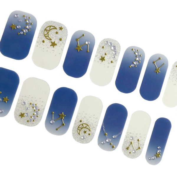 Stars and Moon Nail Wraps / Starry Night Dark Navy Blue Ombre 3D Nail Polish Strips / Gold Glitter Nail Stickers / Starburst Zodiac Nails