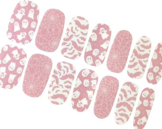 Cute Pastel Pink and White Halloween Nail Wraps / Goth Ghost Bat Spider Web Nail Polish Strip / Kids Autumn Fall Animal Cartoon Nail Sticker