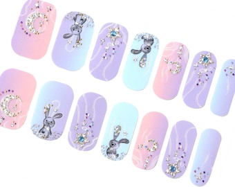 Pastel Lilac Easter Nail Wraps / Rabbit Bunny Nail Polish Strips Women / Unicorn Pink Blue Girl Nail Sticker / Cute Moon 3D Spring Nail Wrap