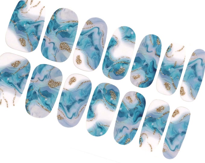 Aqua Blue White Marble Abstract Ombre Nail Wraps / Granite Stone Gold Nail Polish Strips / Spring Pastel Boho Women Geometric Nail Stickers