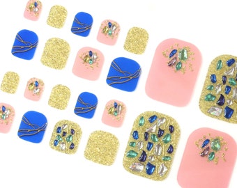 Glitter Toe Nail Wraps / Blue Gold Toe Nail Polish Strips / Exotic Toe Nail Stickers / Pedicure New Year 3D Toe Nail Wraps Free Shipping US