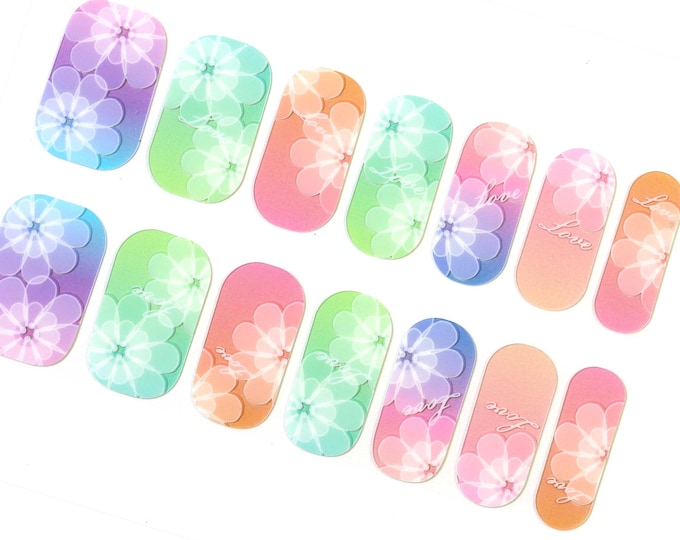 Pastel Spring Flower Blossom Nail Wraps / Romantic Colorful Floral Nail Polish Strips / Clover Unicorn Pink Green Blue Summer Nail Stickers