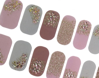 Transparent Flower Nail Wraps / Pink Floral Nail Wraps / Gold Glitter Nail Wraps / 3D Nail Strips / Unique Nail Wrap / Spring Nail Wraps