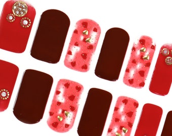 Valentines Day Hearts Nail Wraps / Korean Kpop Nail Polish Strips / Ombre Red 3D Nail Wraps / Women Burgundy Nail Wraps Free Shipping in US