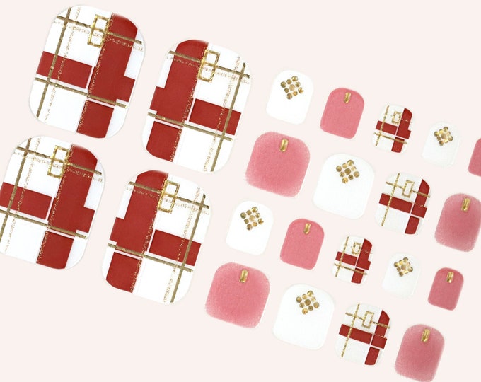 Christmas Toe Nail Wraps / Holiday Winter Toe Nail Polish Strips / Red White Plaid Check Toe Nail Stickers / Transparent Overlay Nail Wraps