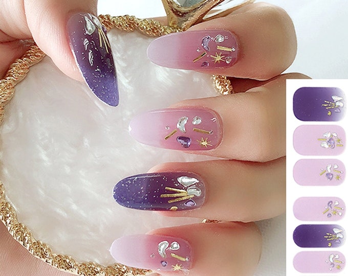 Purple Pink Lilac Ombre Nail Wraps / Stars Starry Night Nail Polish Strips / 3D Glitter Nail Stickers / Manicure Nail Wraps Free Shipping