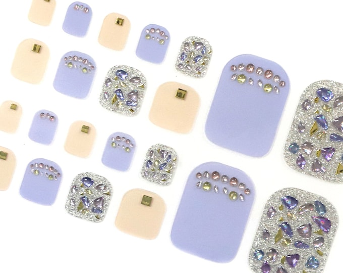 3D Glitter Toe Nail Wraps / Purple Lilac Silver Peach Toe Nail Polish Strips / Exotic Toe Nail Stickers / Pedicure Women Toe Nail Strips