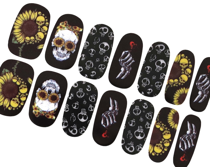 Black Halloween Nail Wraps / Sunflower Skull Nail Polish Strips / Dark Skeleton Nail Wraps / Fall Autumn Nail Stickers / Goth Nail Wraps