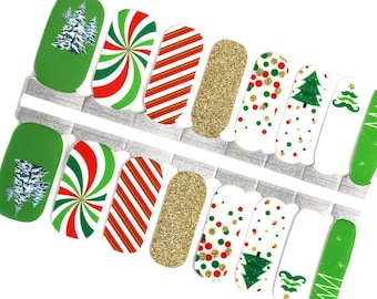 Christmas Tree Nail Wraps: Festive Green, Red & Gold Glitter