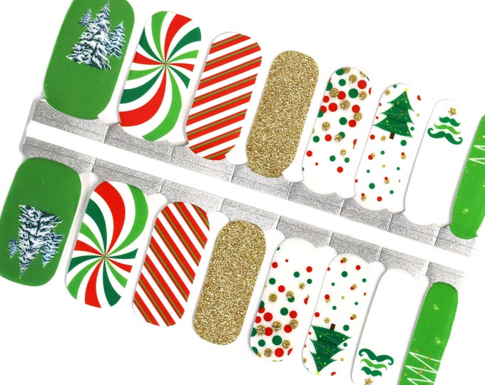 Christmas Tree Nail Wraps / Cute Green Red Gift Wrapper Nail Polish Strips / Holiday Winter Nail Stickers / Candy Cane Festive Gold Glitters